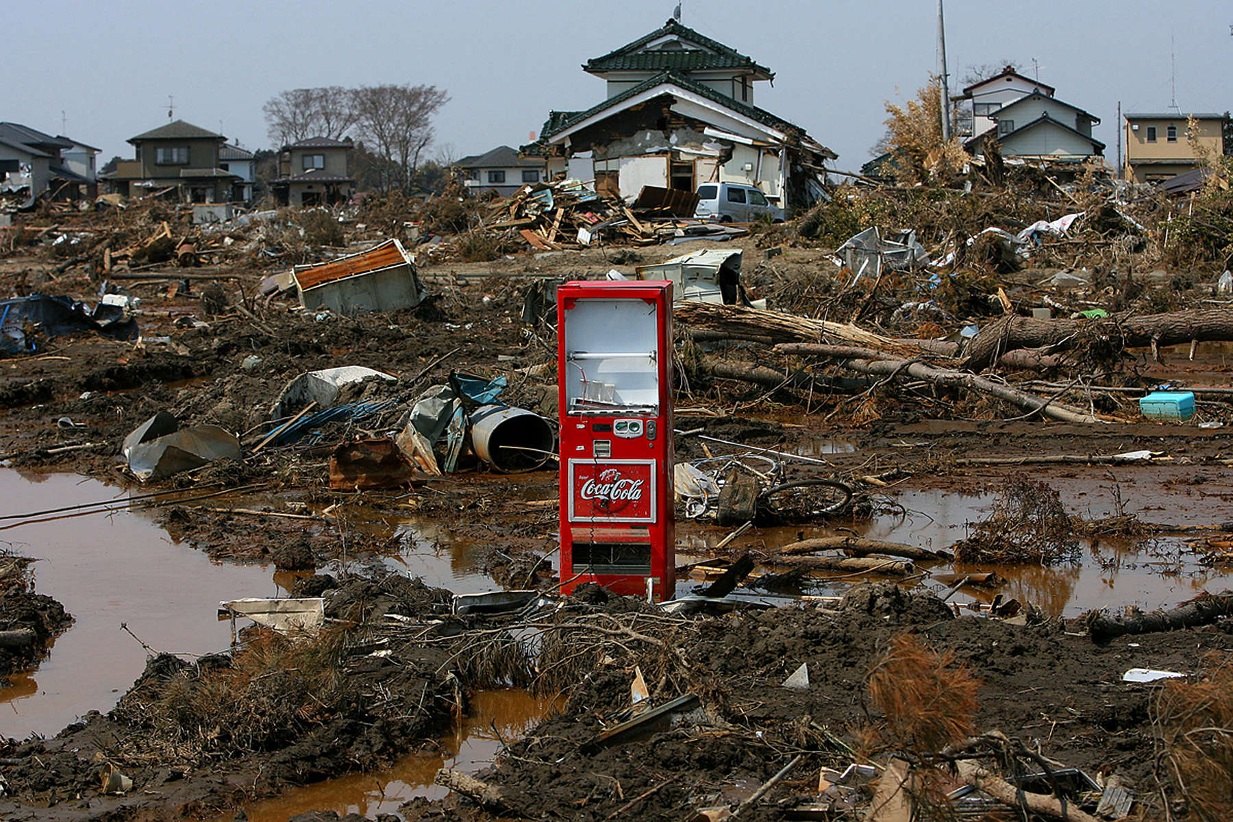A Coca-Cola machine sits in the middle of a neighborhood that was destroyed by the tsunami that hit Sendai, in the Miyagi Prefecture of northern Japan. (The Press-Enterprise/ Mark Zaleski)