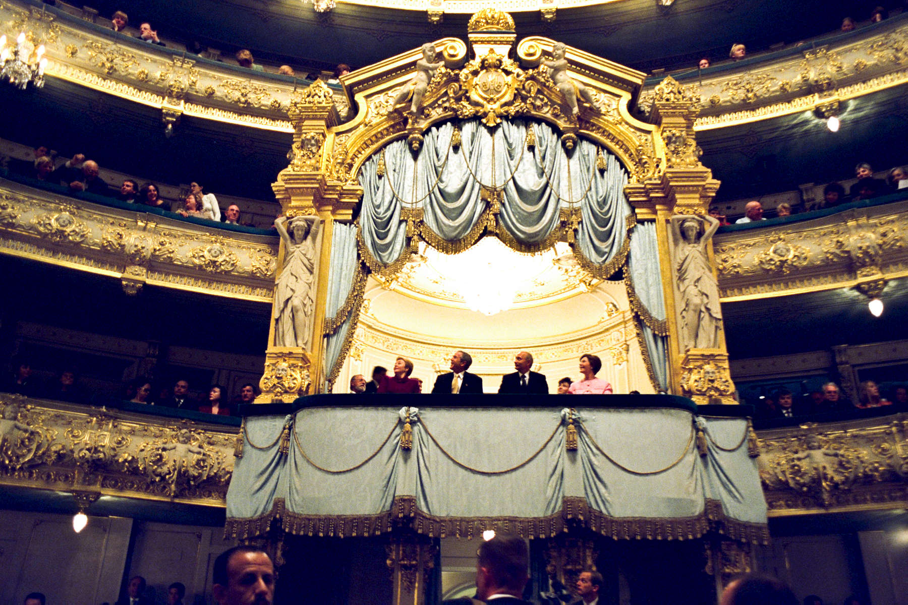 PRESIDENT BUSH AND LAURA BUSH ATTEND A PERFORMANCE AT THE MARIINSKIY THEATER IN ST. PETERSBURG, RUSSIA  WITH PRESIDENT VLADIMIR PUTIN AND HIS WIFE, LYUDMILA. Jumbo, web photo. Used in Bush Family Scrapbook May 1-May 28, 2002