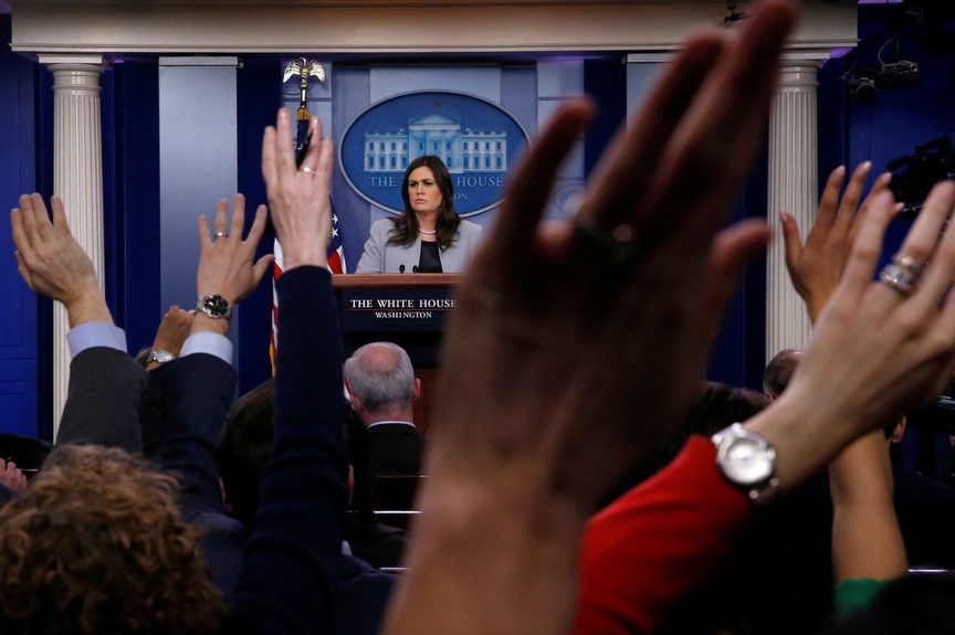 White House Press Secretary Sarah Huckabee Sanders takes questions during a daily briefing at the White House in Washington, U.S., March 7, 2018. REUTERS/Leah Millis
