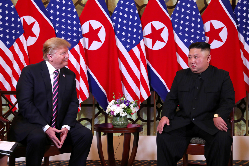 U.S. President Donald Trump and North Korean leader Kim Jong Un sit down before their one-on-one chat during the second U.S.-North Korea summit at the Metropole Hotel in Hanoi, Vietnam February 27, 2019. 