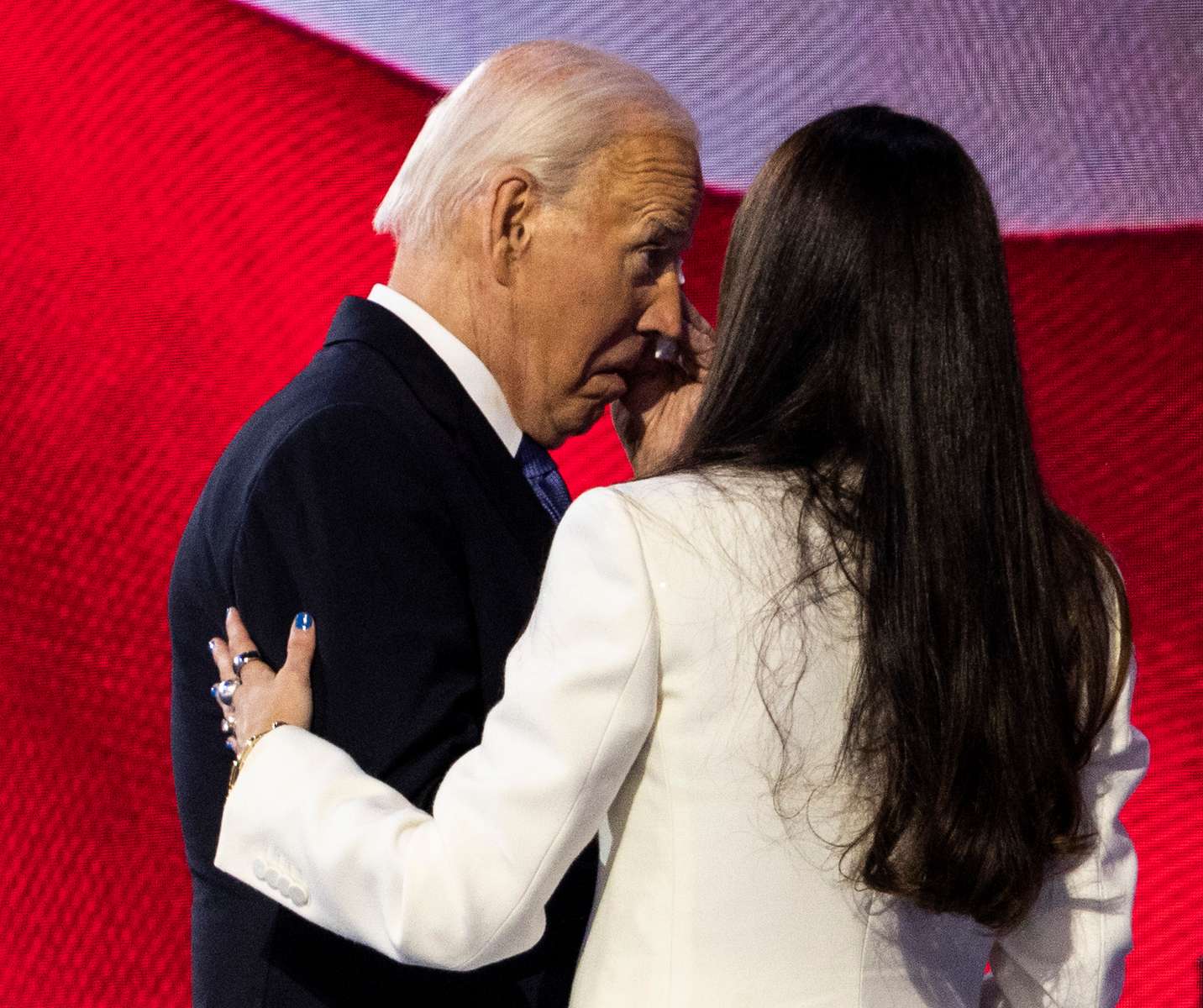 Joe Biden wipes a tear next his daughter Ashley Biden during the first day of the the Democratic National Convention (DNC) at the United Center in Chicago, Illinois, US, on Monday, August 19, 2024. The 2024 Democratic National Convention, held from 19 to 22 August 2024, is when delegates of the United States Democratic Party will select the party's nominees for president and vice president in the 2024 United States presidential election.  MAXPPP/AUDE GUERRUCCI