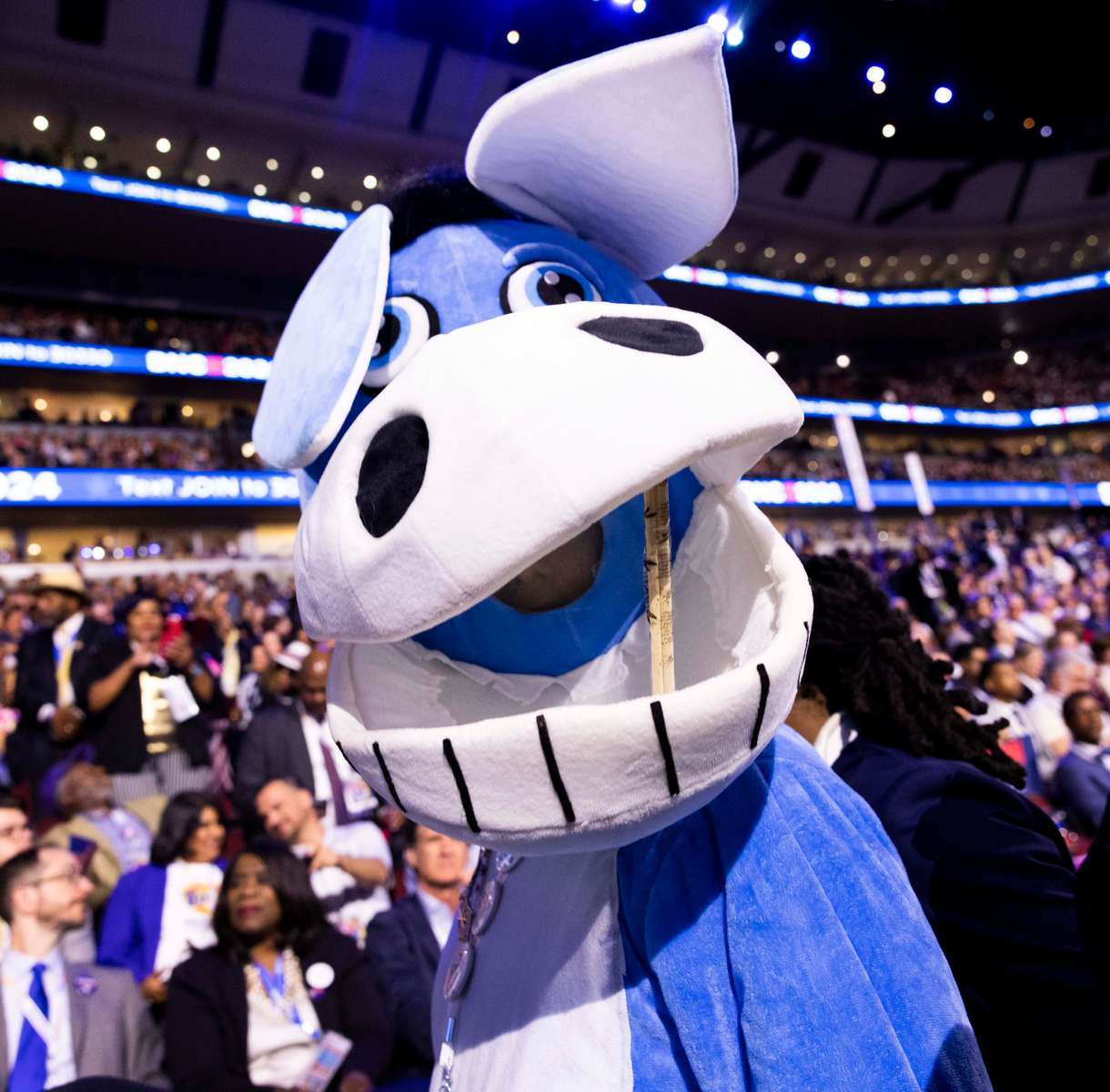 A delegate dressed as a donkey during the first day of the the Democratic National Convention (DNC) at the United Center in Chicago, Illinois, US, on Monday, August 19, 2024. The 2024 Democratic National Convention, held from 19 to 22 August 2024, is when delegates of the United States Democratic Party will select the party's nominees for president and vice president in the 2024 United States presidential election.  MAXPPP/AUDE GUERRUCCI