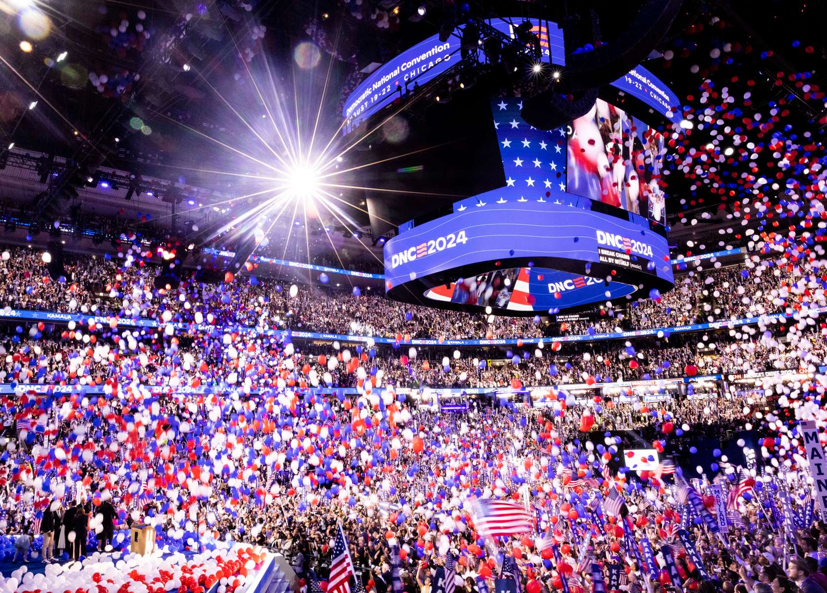 Balloons drop following a speech by Kamala Harris during the fourth day of the the Democratic National Convention (DNC) at the United Center in Chicago, Illinois, US, on Monday, August 22, 2024. The 2024 Democratic National Convention, held from 19 to 22 August 2024, is when delegates of the United States Democratic Party will select the party's nominees for president and vice president in the 2024 United States presidential election.  MAXPPP/AUDE GUERRUCCI