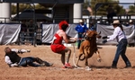 Matt Fain (l) Brian Helander (c) and Teri Hibben  (r) participate in the Wild Drag Race at  the Bighorn rodeo, in Las Vegas on September 18, 2021.Bighorn rodeo is organized by the Nevada Gay Rodeo Association, an all-volunteer,  organization dedicated to preserving the western lifestyle and producing gay rodeos with a commitment to raise funds for charitable organizations. Over the years, NGRA has raised many thousands of dollars for local charities.