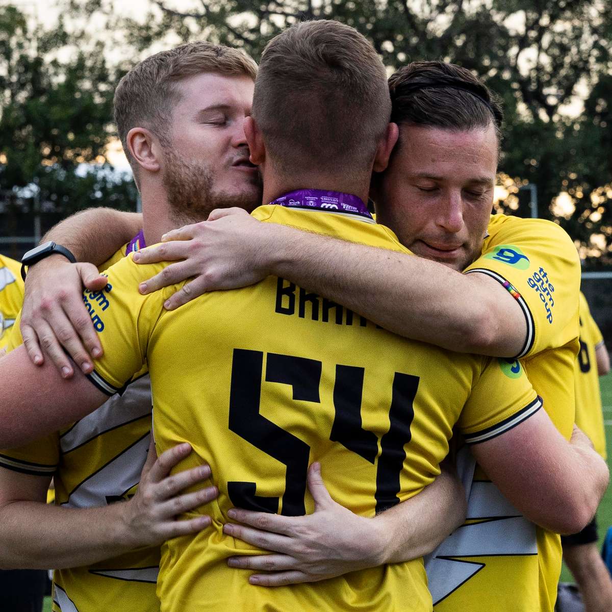 Members of the London Titans Football Club celebrate their gold medal in the division 2 of the soccer tornament of the Gay Games in Guadalajara, Mexico on November 10, 2023.