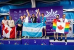 Swimmers react of the podium  at the Gay Games, in Guadalajara, Mexico, on November 7, 2023.