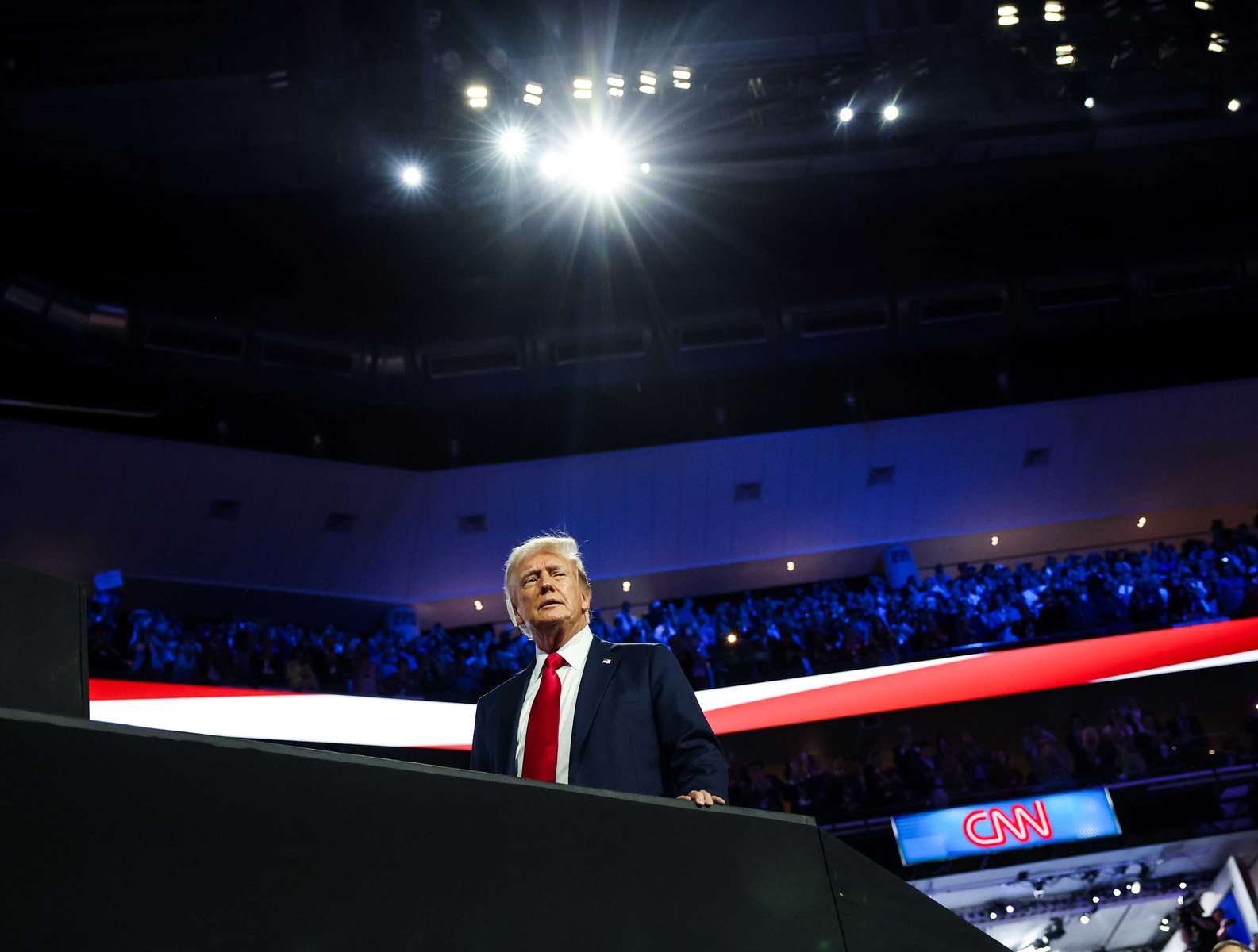 US former President and 2024 Republican presidential candidate Donald Trump attends the fourth day of the Republican National Convention (RNC) at the Fiserv Forum in Milwaukee, Wisconsin, US, on Thursday, July 18, 2024. The 2024 Republican National Convention, held from 15 to 18 July 2024, is when delegates of the United States Republican Party will select the party's nominees for president and vice president in the 2024 United States presidential election.  MAXPPP/AUDE GUERRUCCI