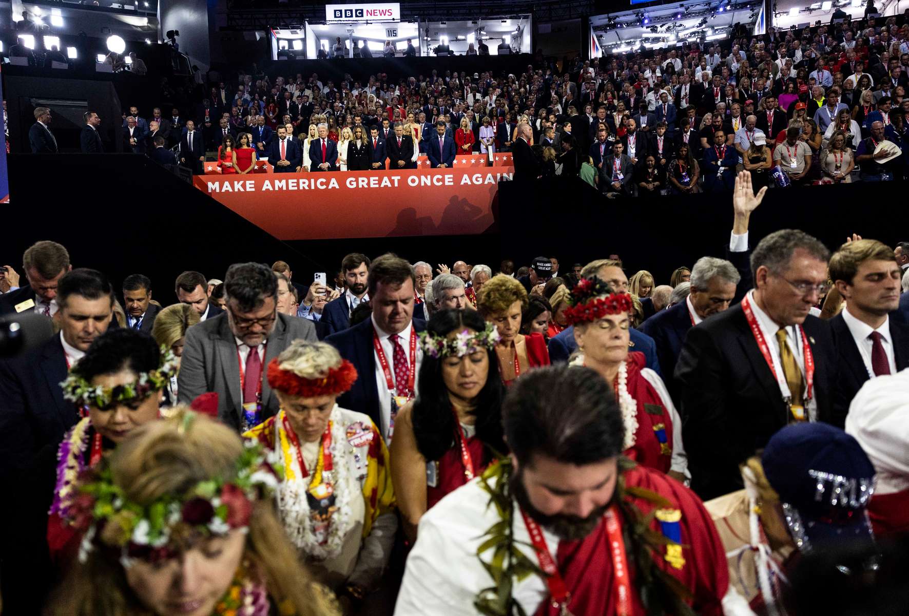 People pray during the fourth day of the Republican National Convention (RNC) at the Fiserv Forum in Milwaukee, Wisconsin, US, on Thursday, July 18, 2024. The 2024 Republican National Convention, held from 15 to 18 July 2024, is when delegates of the United States Republican Party will select the party's nominees for president and vice president in the 2024 United States presidential election.  MAXPPP/AUDE GUERRUCCI