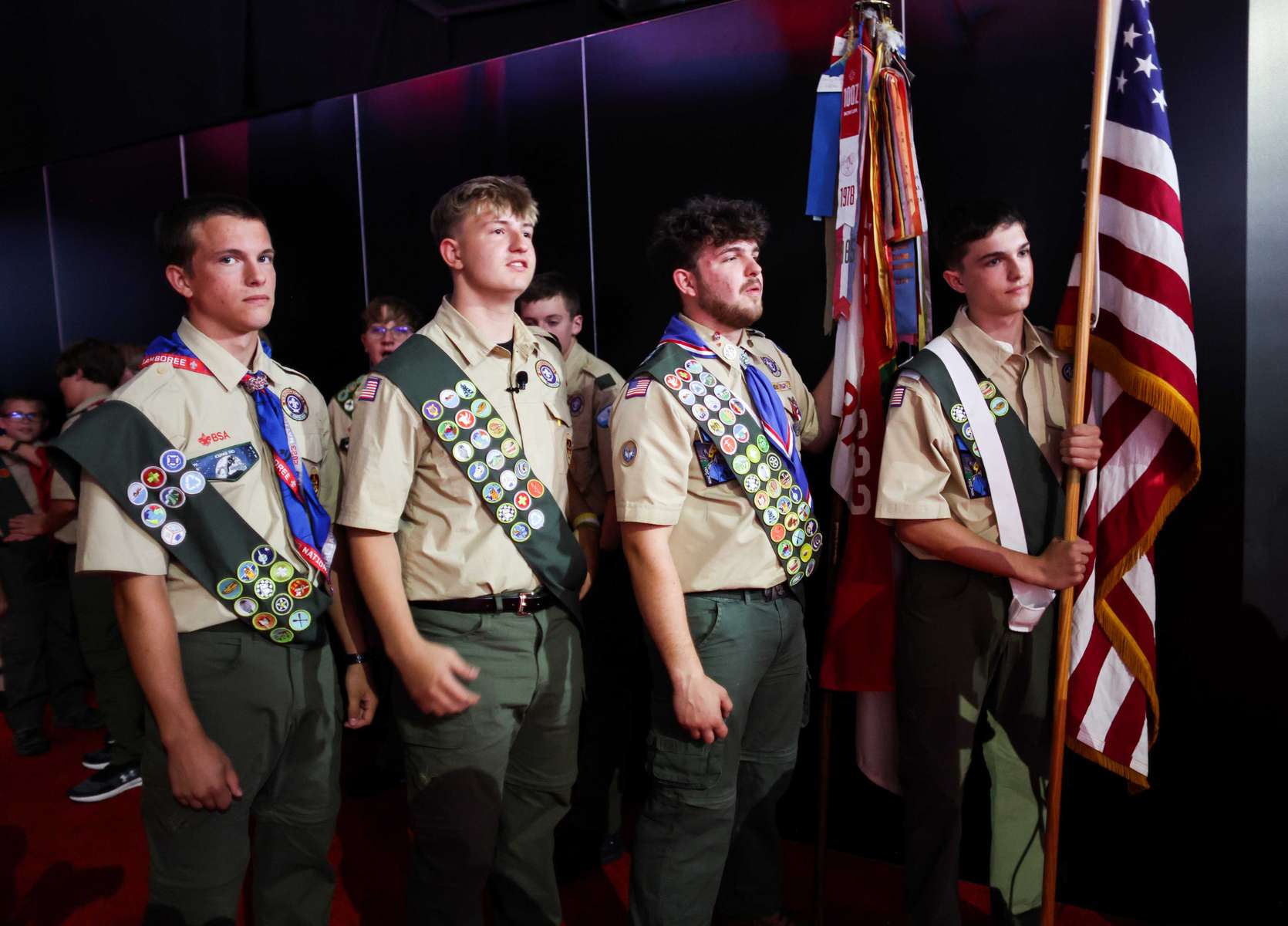 Boys scouts wait backstage during the third day of the Republican National Convention (RNC) at the Fiserv Forum in Milwaukee, Wisconsin, US, on Wednesday, July 16, 2024. The 2024 Republican National Convention, held from 15 to 18 July 2024, is when delegates of the United States Republican Party will select the party's nominees for president and vice president in the 2024 United States presidential election.  MAXPPP/AUDE GUERRUCCI