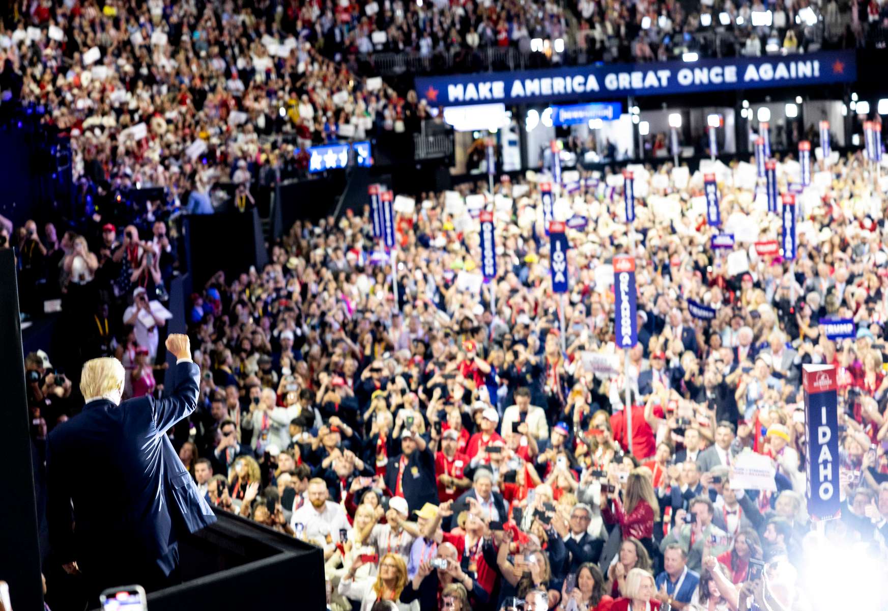 US former President and 2024 Republican presidential candidate Donald Trump attends the third day of the Republican National Convention (RNC) at the Fiserv Forum in Milwaukee, Wisconsin, US, on Wednesday, July 16, 2024. The 2024 Republican National Convention, held from 15 to 18 July 2024, is when delegates of the United States Republican Party will select the party's nominees for president and vice president in the 2024 United States presidential election.  MAXPPP/AUDE GUERRUCCI