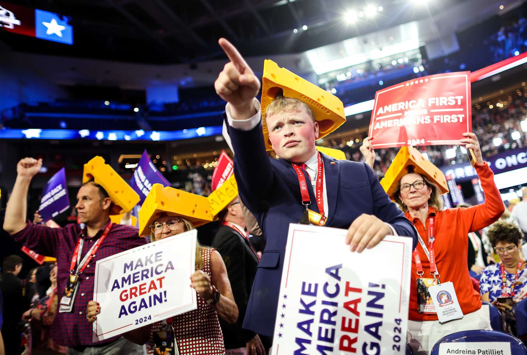 Wisconsin delegates during the fourth day of the Republican National Convention (RNC) at the Fiserv Forum in Milwaukee, Wisconsin, US, on Thursday, July 18, 2024. The 2024 Republican National Convention, held from 15 to 18 July 2024, is when delegates of the United States Republican Party will select the party's nominees for president and vice president in the 2024 United States presidential election.  MAXPPP/AUDE GUERRUCCI