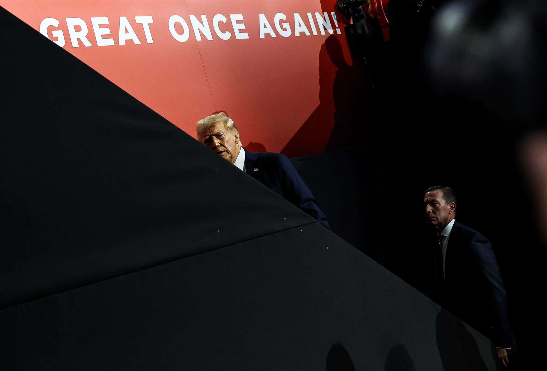 US former President and 2024 Republican presidential candidate Donald Trump attends the fourth day of the Republican National Convention (RNC) at the Fiserv Forum in Milwaukee, Wisconsin, US, on Thursday, July 18, 2024. The 2024 Republican National Convention, held from 15 to 18 July 2024, is when delegates of the United States Republican Party will select the party's nominees for president and vice president in the 2024 United States presidential election.  MAXPPP/AUDE GUERRUCCI