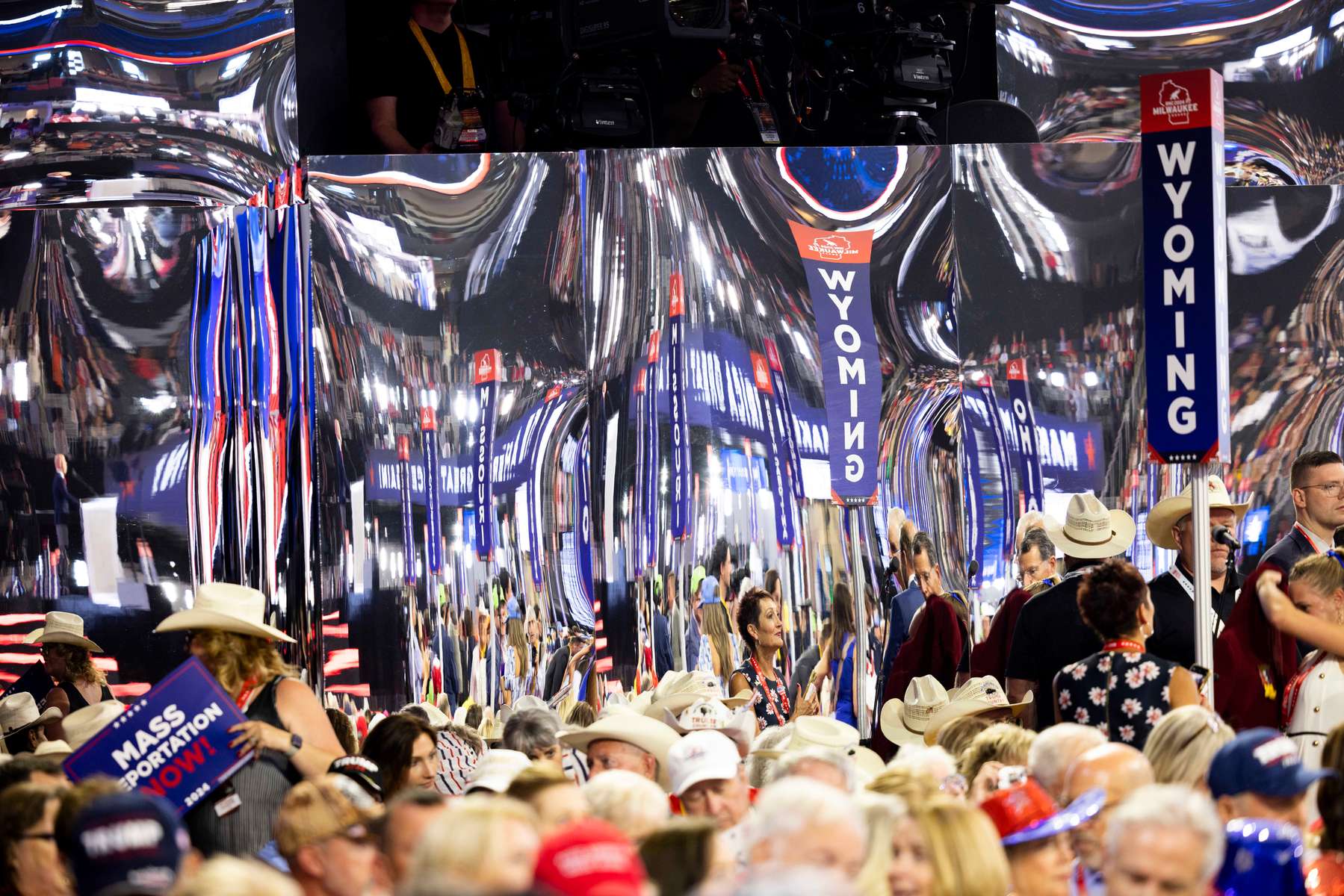 Delegates during the third day of the Republican National Convention (RNC) at the Fiserv Forum in Milwaukee, Wisconsin, US, on Wednesday, July 16, 2024. The 2024 Republican National Convention, held from 15 to 18 July 2024, is when delegates of the United States Republican Party will select the party's nominees for president and vice president in the 2024 United States presidential election.  MAXPPP/AUDE GUERRUCCI