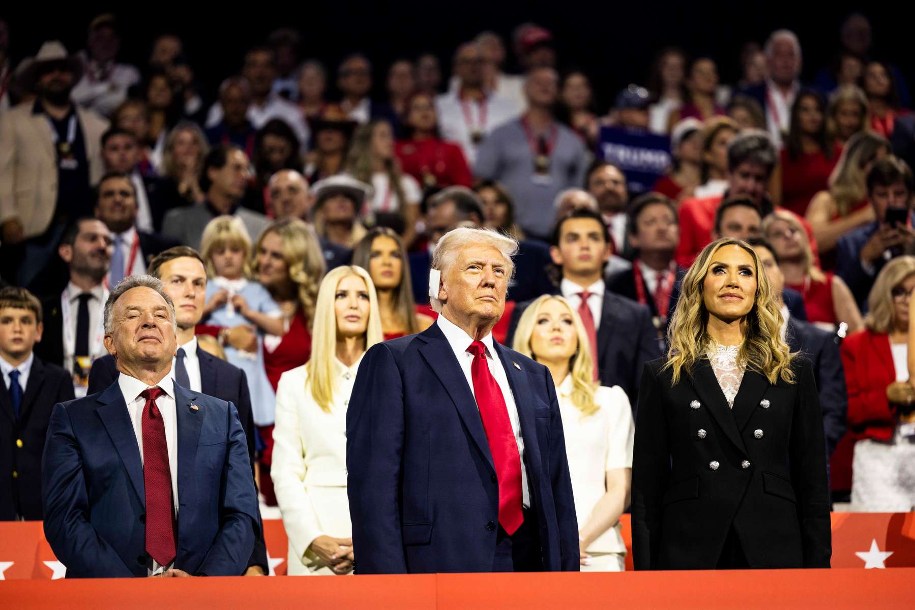 US former President and 2024 Republican presidential candidate Donald Trump and his family attend the fourth day of the Republican National Convention (RNC) at the Fiserv Forum in Milwaukee, Wisconsin, US, on Thursday, July 18, 2024. The 2024 Republican National Convention, held from 15 to 18 July 2024, is when delegates of the United States Republican Party will select the party's nominees for president and vice president in the 2024 United States presidential election.  MAXPPP/AUDE GUERRUCCI