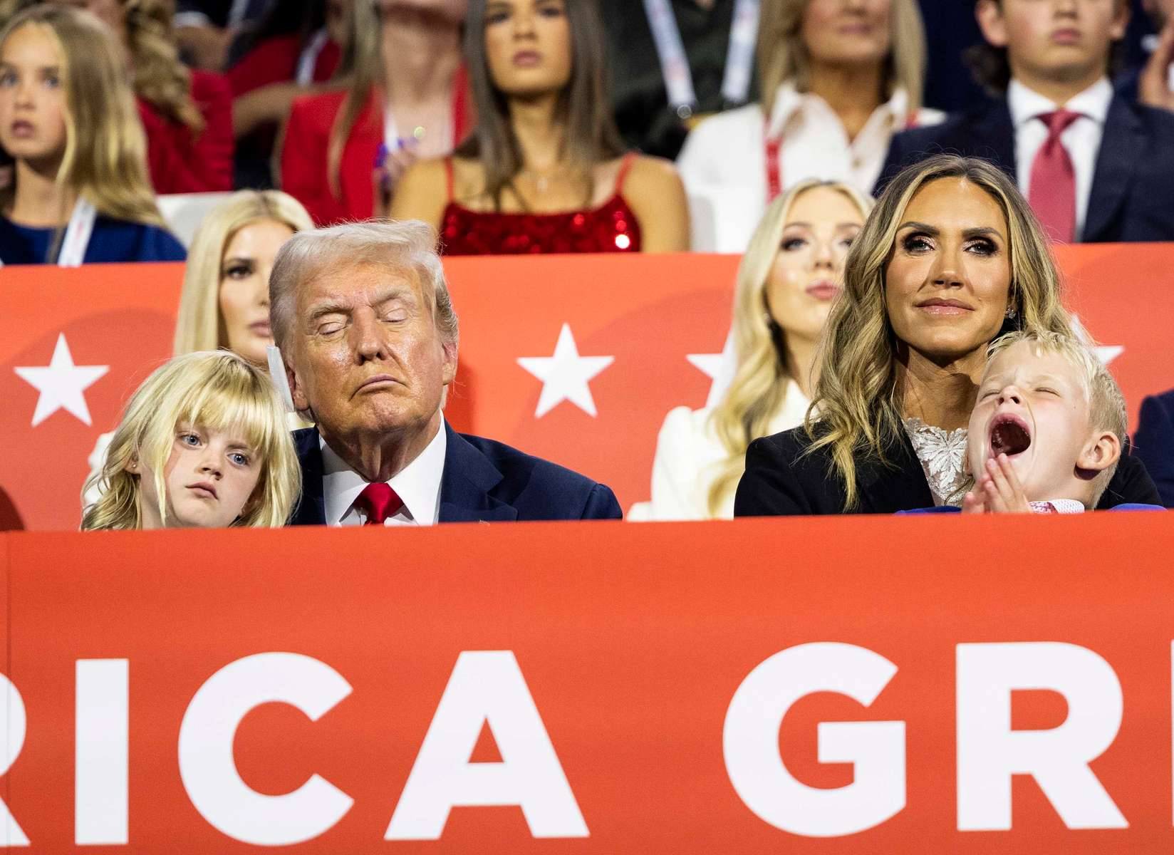 US former President and 2024 Republican presidential candidate Donald Trump and his family listen to Eric Trump during the fourth day of the Republican National Convention (RNC) at the Fiserv Forum in Milwaukee, Wisconsin, US, on Thursday, July 18, 2024. The 2024 Republican National Convention, held from 15 to 18 July 2024, is when delegates of the United States Republican Party will select the party's nominees for president and vice president in the 2024 United States presidential election.  MAXPPP/AUDE GUERRUCCI