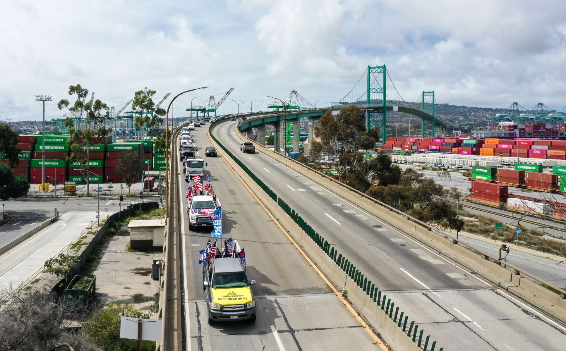 An aerial view of Trump supporters driving during a ''Primary Election Maga Cruise{quote} rally, three days before Super Tuesday crossing the port of Long Beach, in in Long Beach, California, U.S. March 3, 2024. 