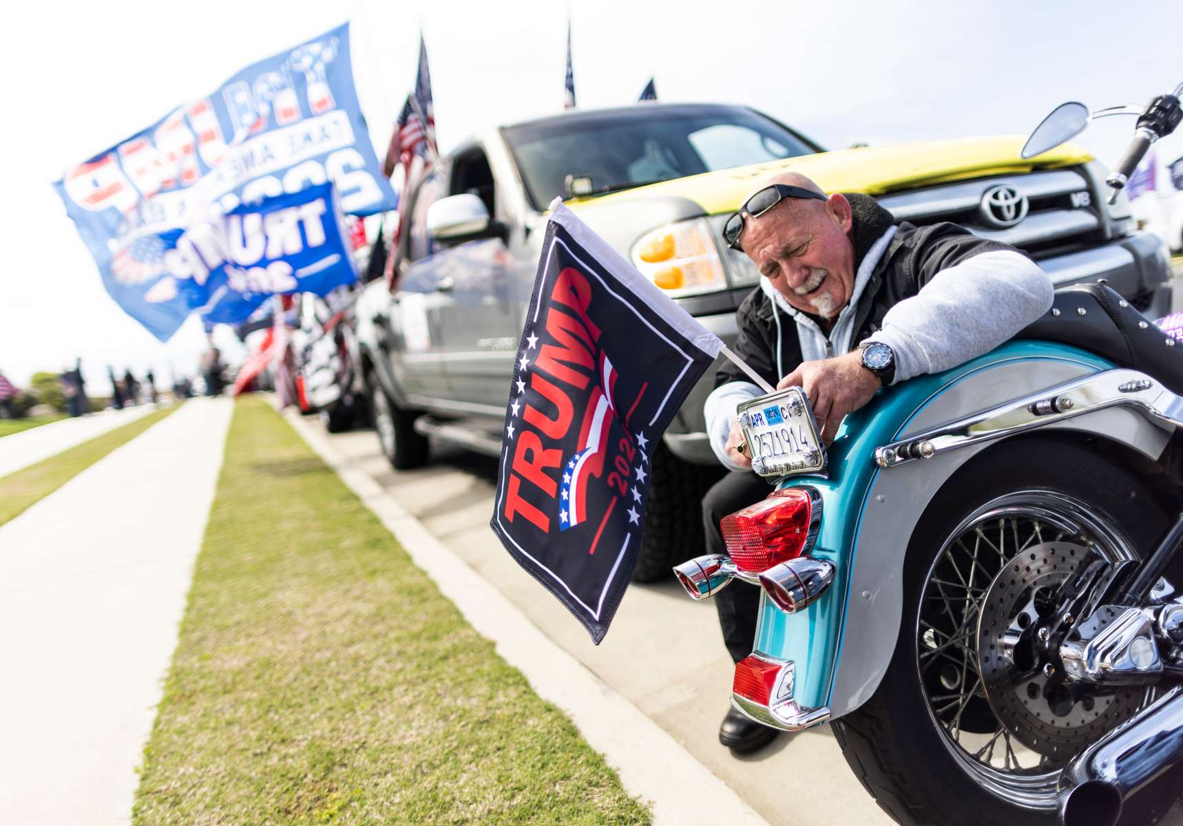 Trump supporters get ready for a ''Primary Election Maga Cruise{quote} rally,  three days before Super Tuesday from the Trump National Gold Club in Rancho Palos Verde to Huntington Beach, in Rancho Palos Verde, California, U.S. March 3, 2024.  