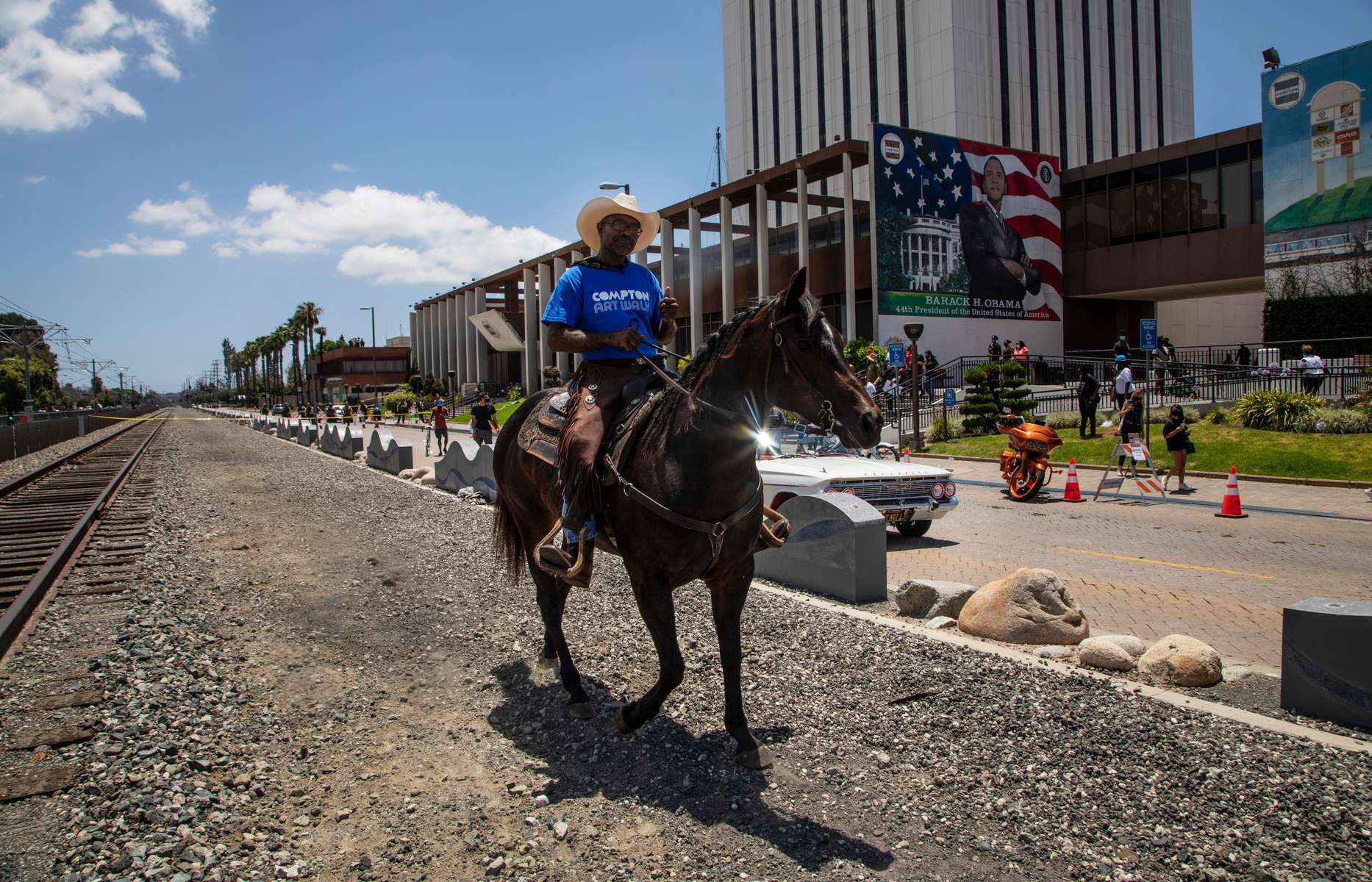 The Compton Cowboys ride along with a thousand walking protesters during a {quote}peace ride{quote} for George Floyd  on June 7, 2020, in Compton, California.This is the 13th day of protests since George Floyd died in Minneapolis police custody on May 25. 