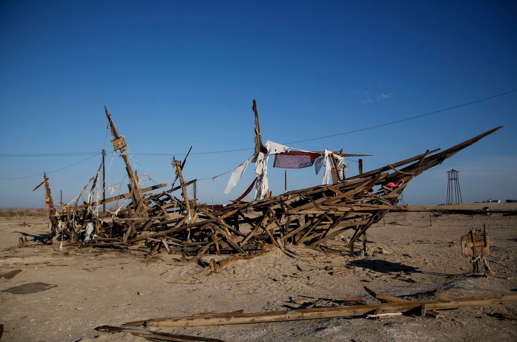 An art installation is seen on the Salton Sea’s beach, as California faces its worst drought since 1977, in Bombay Beach, California, U.S., July 4, 2021. 