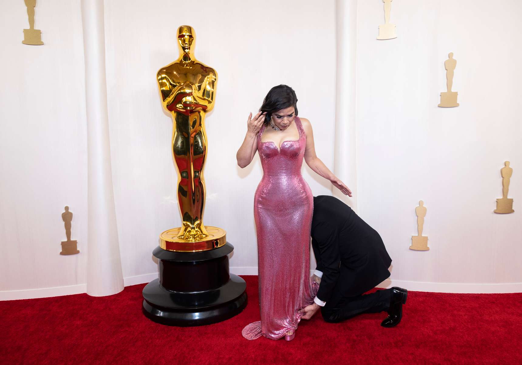 America Ferrera poses on the red carpet during the Oscars arrivals at the 96th Academy Awards in Hollywood, Los Angeles, California, U.S., March 10, 2024.