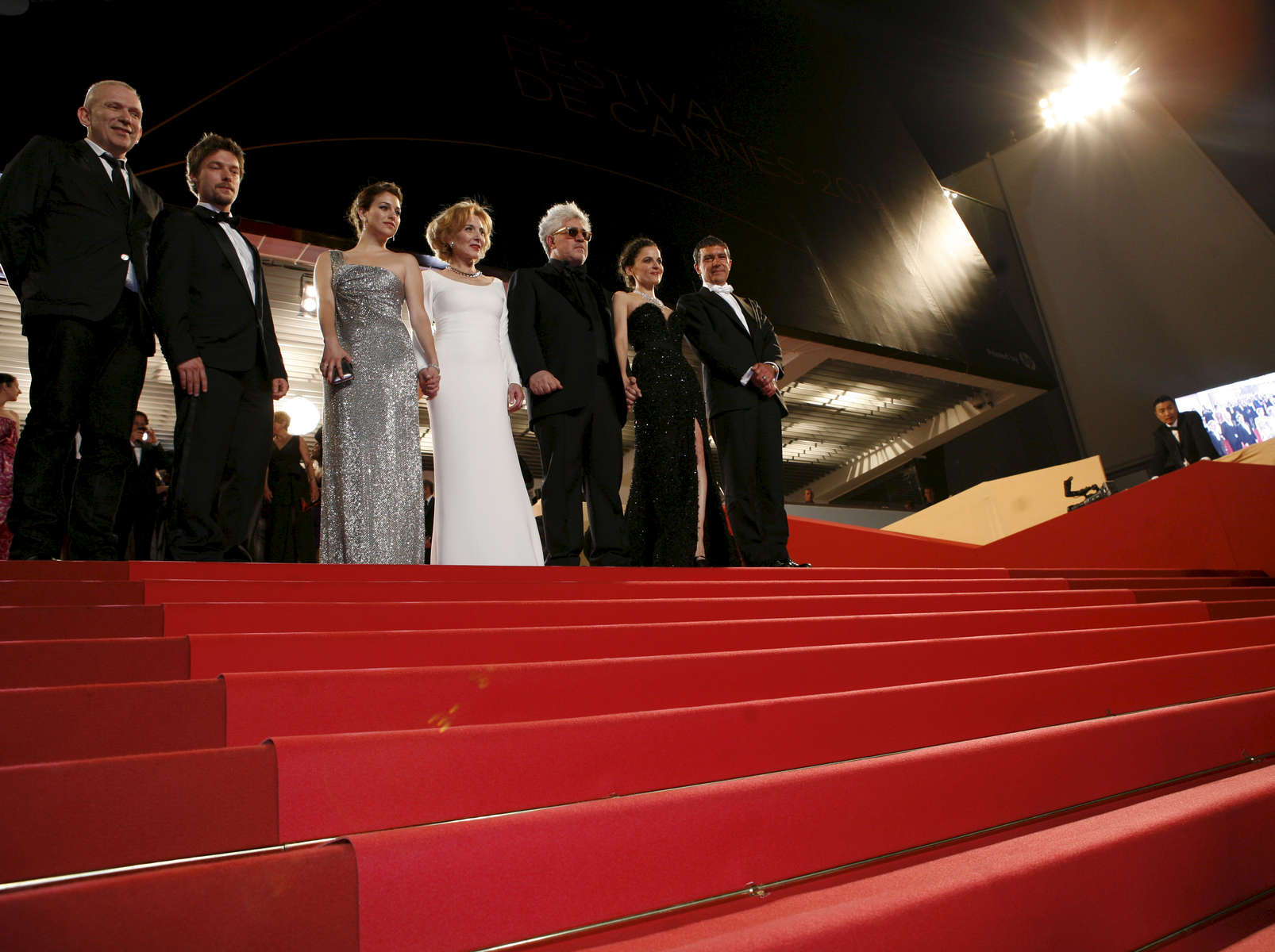 (L-R) Jean Paul Gaultier, actor Jan Cornet, actress Elena Anaya, actress Marisa Paredes, director Pedro Almodovar, actress Blanca Suarez and actor Antonio Banderas, present 'The Skin I Live In' during the Cannes Film Festival at the Palais des Festivals  in Cannes, France. 