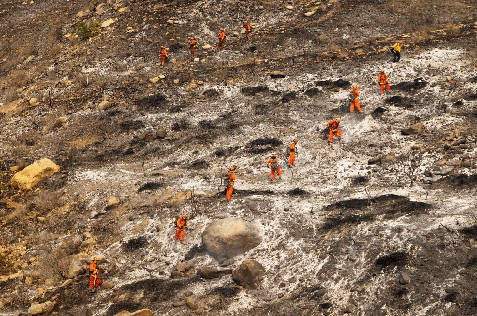 Inmates firefighters work after the Alisal fire burned the slope, near Aguajito Canyon   in Santa Barbara County, California, U.S., October 13, 2021. Picture taken October 13, 2021.  