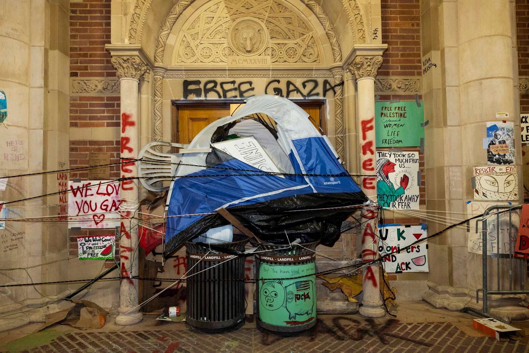 A barricaded door in an encampment at the University of California, Los Angeles (UCLA) campus on May 2, 2024 in Los Angeles, California.