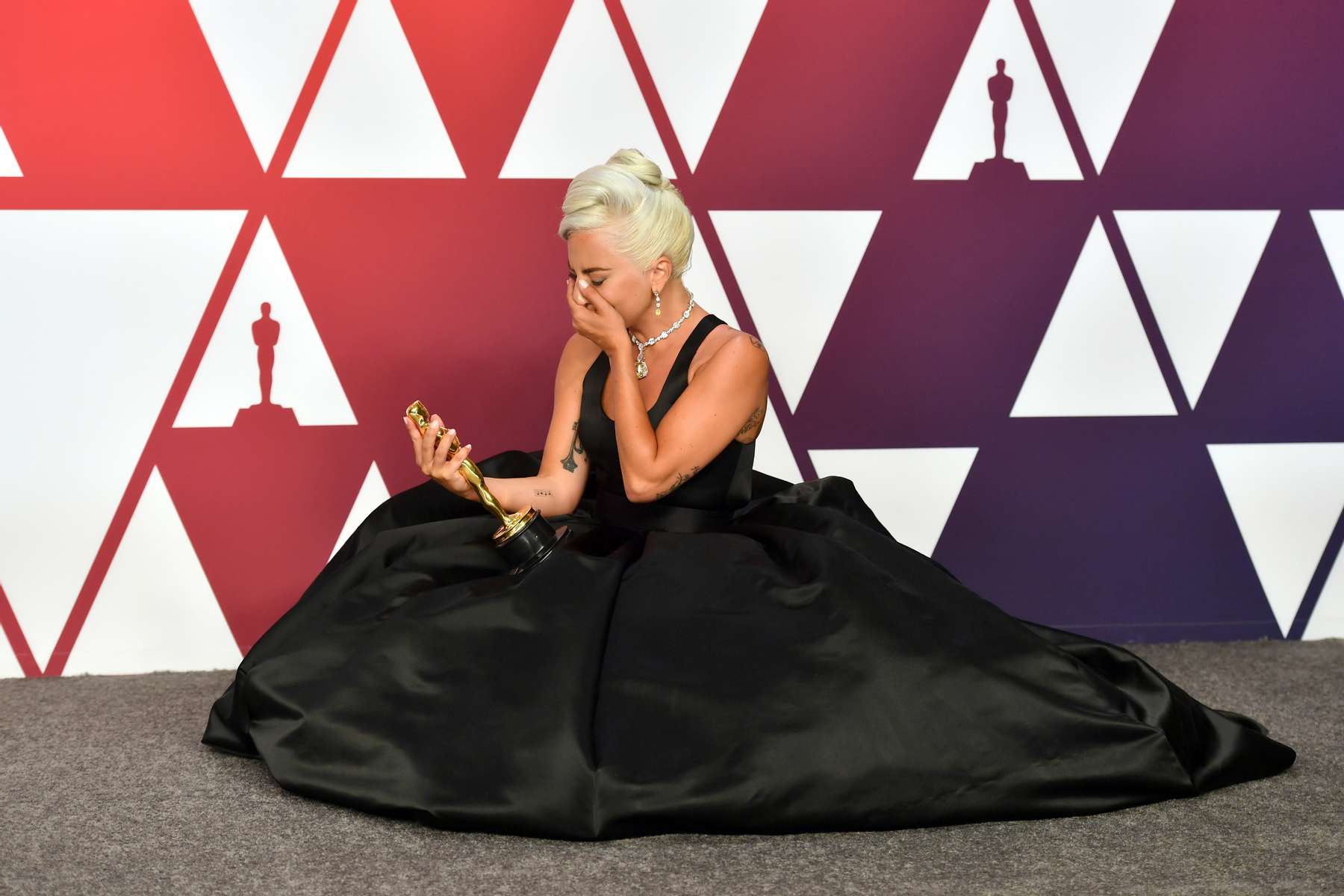 Lady Gaga, winner of the award for best original song for {quote}Shallow{quote} from {quote}A Star Is Born{quote}, gets emotional in the press room at the Oscars on Sunday, Feb. 24, 2019, at the Dolby Theatre in Los Angeles. (Photo by Jordan Strauss/Invision/AP)