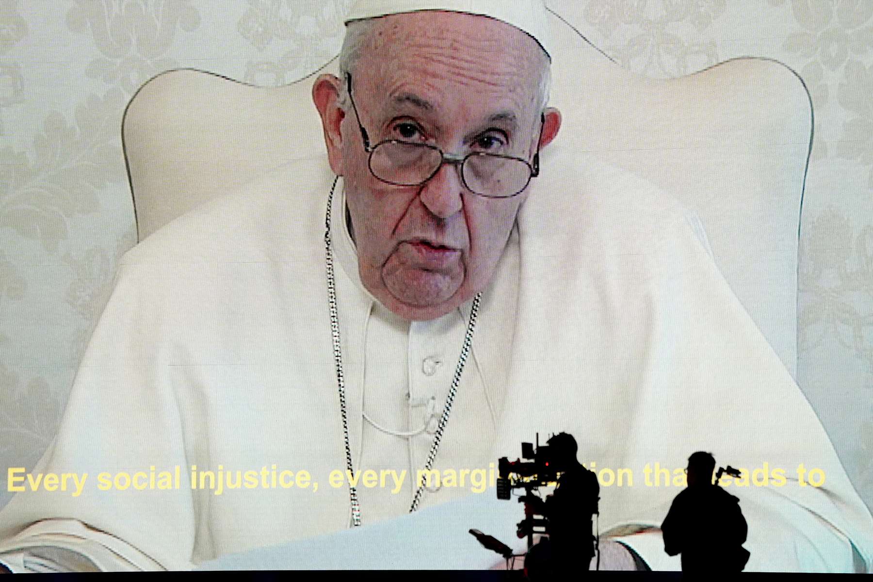 Pope Francis appears on screen at {quote}Vax Live: The Concert to Reunite the World{quote} on Sunday, May 2, 2021, at SoFi Stadium in Inglewood, Calif. (Photo by Jordan Strauss/Invision/AP)