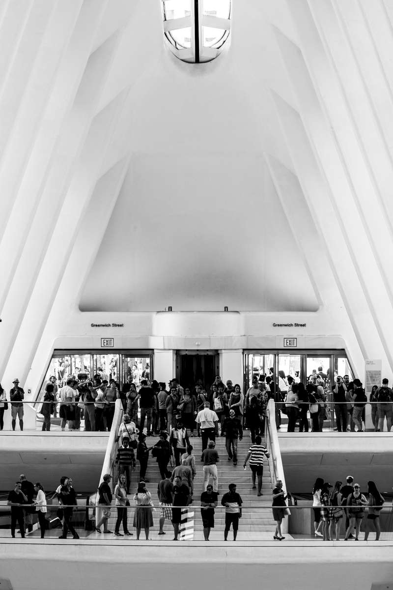 Spanish architect Santiago Calatrava's vast ribbed structure known as the Oculus soars over the World Trade Center Transportation Hub in New York.  The structure sits at the site of the September 11, 2001 attacks on the World Trade Center towers.  The Oculus is the aesthetic and retail centerpiece of the $3.9 billion World Trade Center Transportation Hub.  The building is designed to bring light down into the subterranean rail station and shopping center.  Escalators take visitors from the street level subway train platforms, and concourses that connect the surrounding buildings, to the mall and retail spaces at the lower levels.  Two rows of white steel ribs that curve around each side bring copious amounts of light into the space, which has an open floor plan.