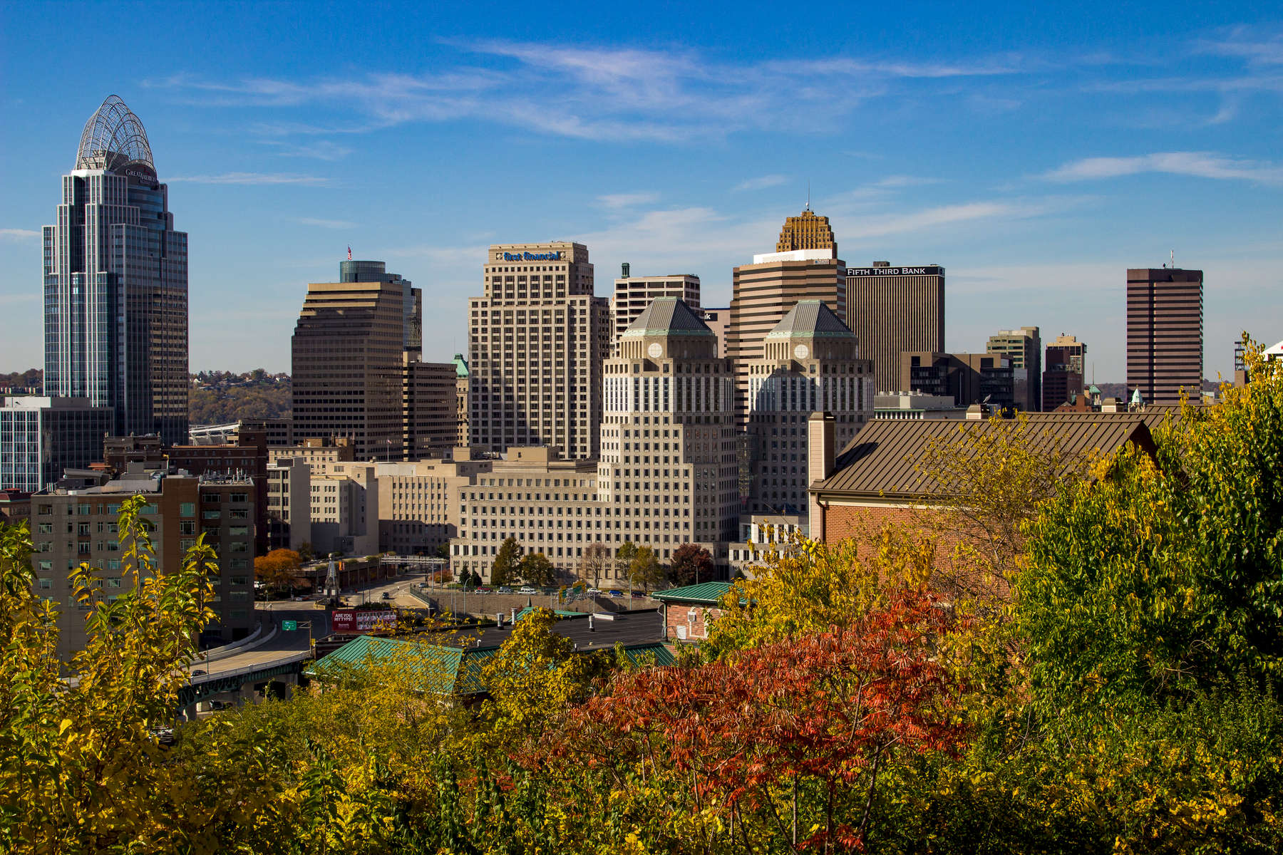 This is a view of downtown Cincinnati from a hillside in Mt. Adams.  Cincinnati is a city in the United States state of Ohio and is the government seat of Hamilton County. Settled in 1788, the city is located at the northern side of the confluence of the Licking and Ohio rivers. The city drives the Cincinnati–Middletown–Wilmington combined statistical area, which had a population of 2,172,191 in the 2010 census.  With a population of 301,301, Cincinnati is the third-largest city proper in Ohio and 65th in the United States. It is the fastest growing economic power in the Midwestern United States based on percentages and the 28th-biggest metropolitan statistical area in the United States. Cincinnati is also within a single day's drive of two-thirds of the United States populace.