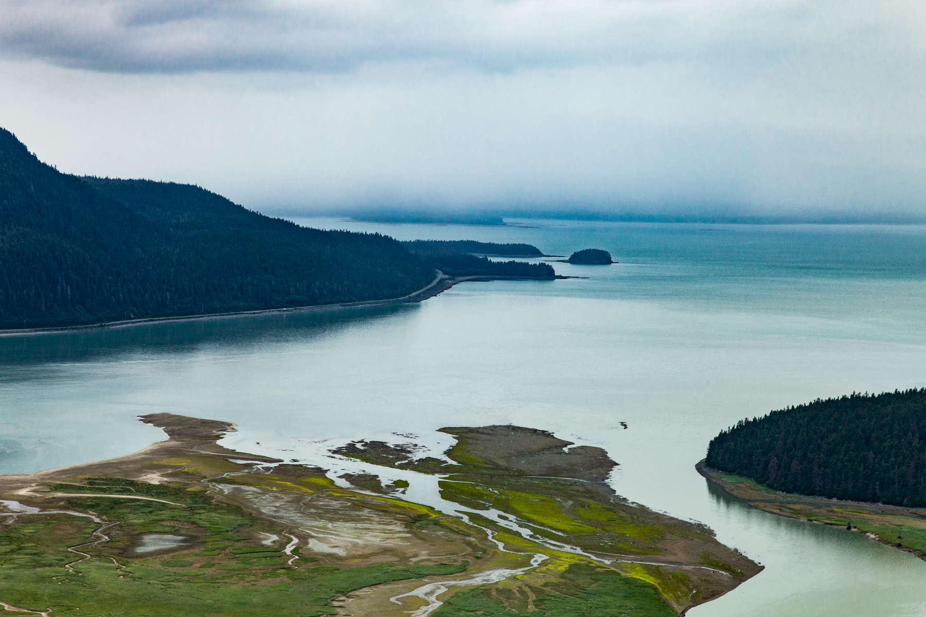 Aerial view of Mendenhall Lake and wetlands approaching the Mendenhall Glacier from Juneau, Alaska.