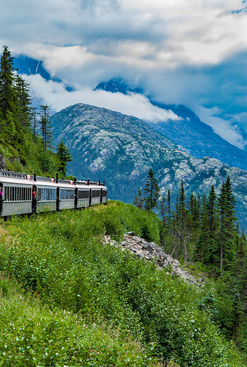 View from tidewater at Skagway through the Coast Mountains to the Summit of the White Pass Railway, 2,885 feet elevation.