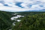 The town of Hurricane, Alaska is north of Talkeetna.  This panorama view is from atop the 918-foot Hurricane Gulch trestle, towering 296 feet above the Hurricane Creek below