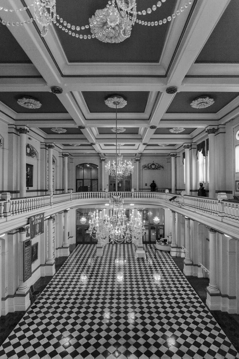 Music Hall OTC Cincinnati, OH.  This image is of Lindner Grand Foyer from the gallery level.   The three beautiful crystal chandeliers, shown in this image, which were formerly located in the Lindner Grand Foyer were moved to Corbett Tower which overlooks Washington Park from the gallery.