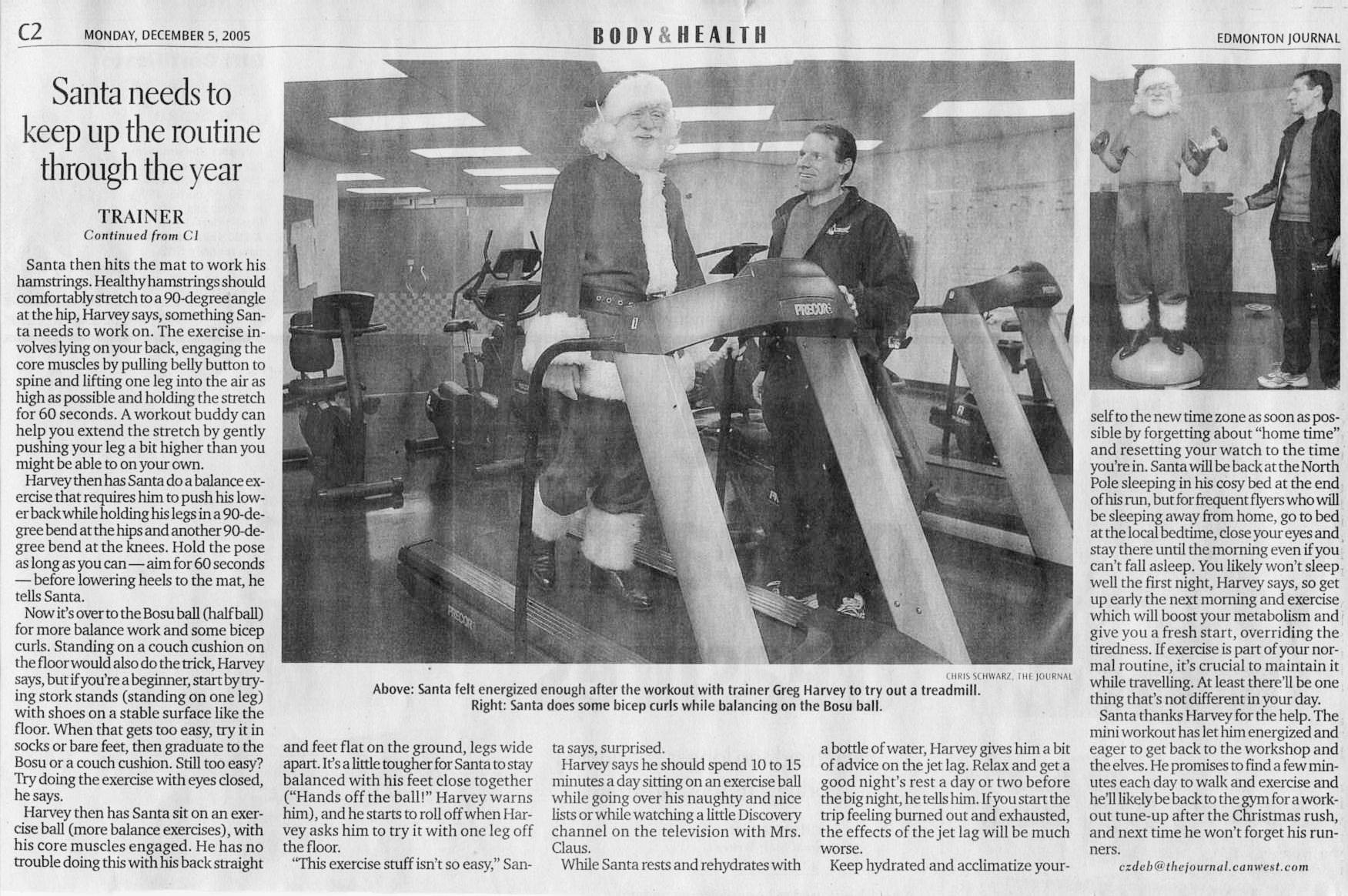 Edmonton journal article showing Greg of Fit 'N' Well working out with Santa Claus.