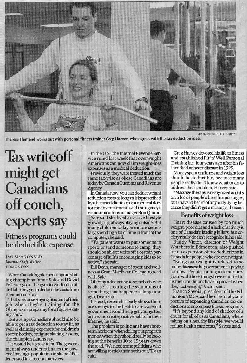 Edmonton Journal columnist Jac MacDonald interviews personal trainer Greg Harvey regarding fitness tax credit