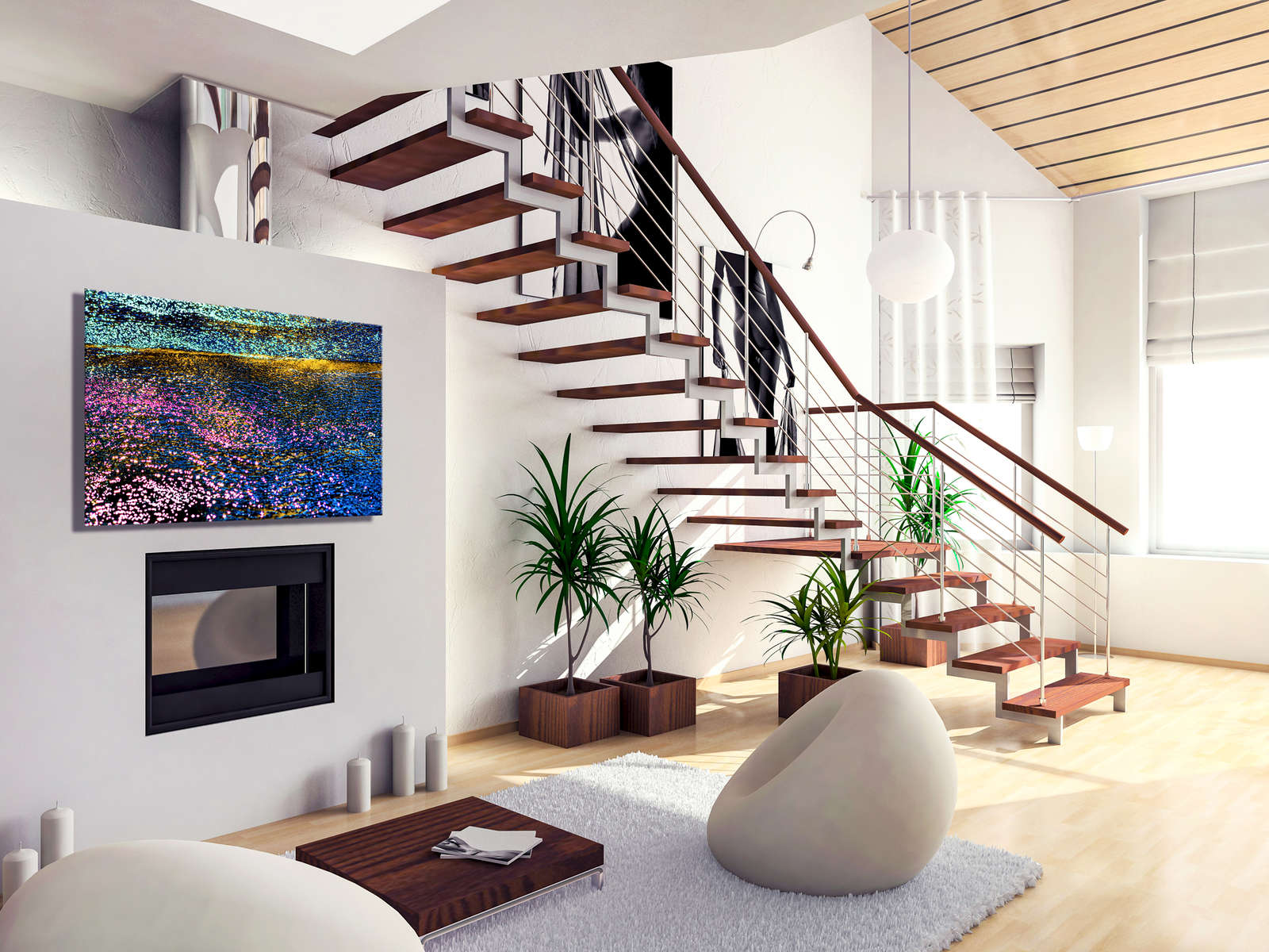 modern comfortable interior with a fire-place. 3D render