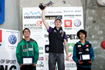 Sean McColl (CAN), Jakob Schubert (AUT) and Sachi Amma (JPN) on the podium for overal results in the IFSC climbing world cup in Kranj, Slovenia, on Nov 18, 2012.
