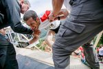 John Palser from Great Britain reaches the finish after running up the ski flying hill during the Red Bull 400 race in Planica, Slovenia, Sep. 19, 2015.