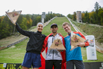 (L-R) Winners in the men competition: second placed Luka Kovacic (SLO), winner Ahmet Arslan (TUR) and third placed Nejc Kuhar (SLO) on the winners podium after the Red Bull 400 race in Planica, Slovenia, Sep. 19, 2015.