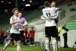 Maximilian Dittgen of Germany celebrates with his team-mates after scoring a goal during the UEFA U-17 European Championship final tournament group match between Germany and France at the SRC Stozice Stadium in Ljubljana, Slovenia, May 10, 2012.