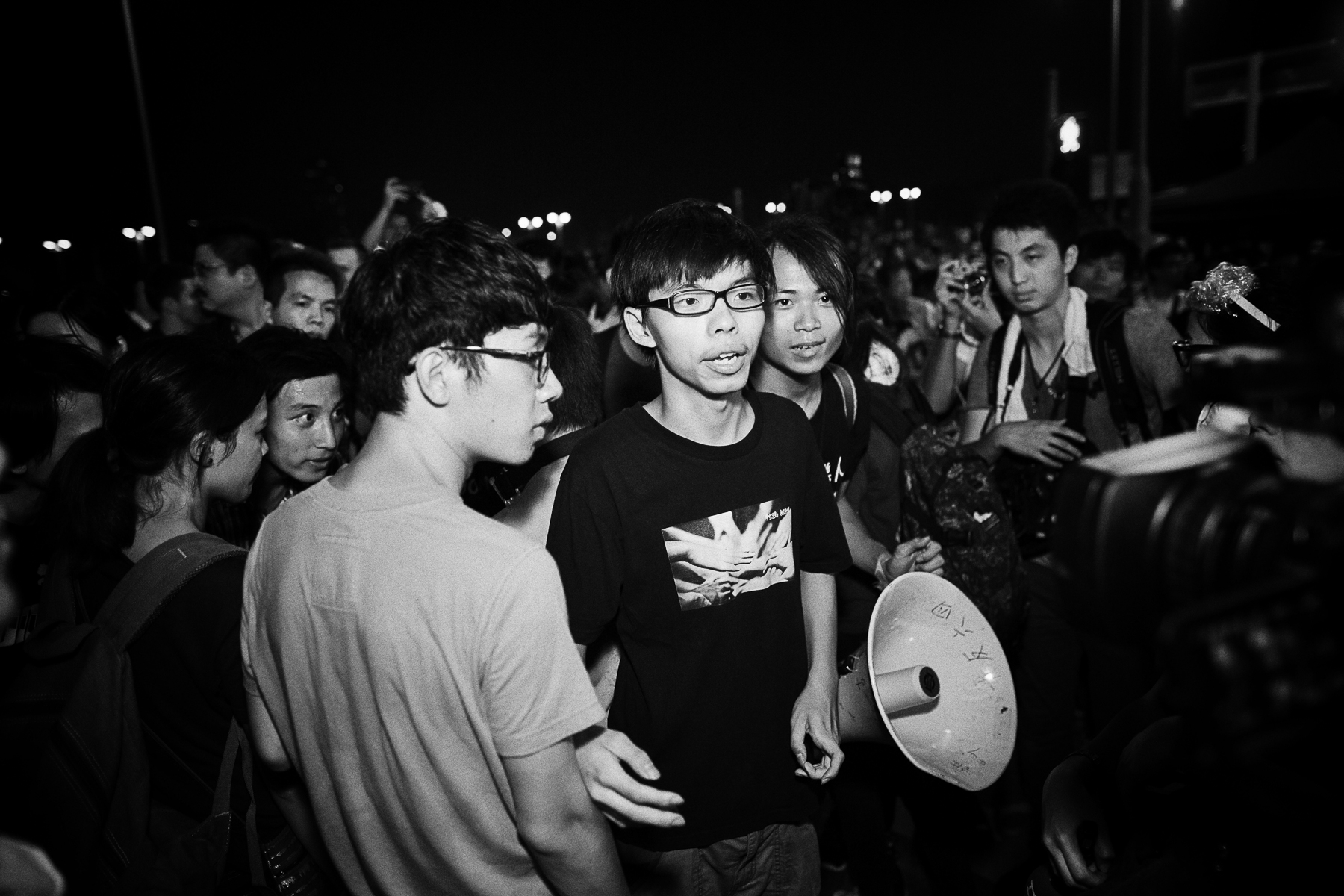 Manifestations pro-démocratique, le leader un étudiant de 17 ans Joshua Wong.Joshua Wong avec Lester Shum leader de la fédération des étudiants de Hong kong.Prise de parole de Joshua wong