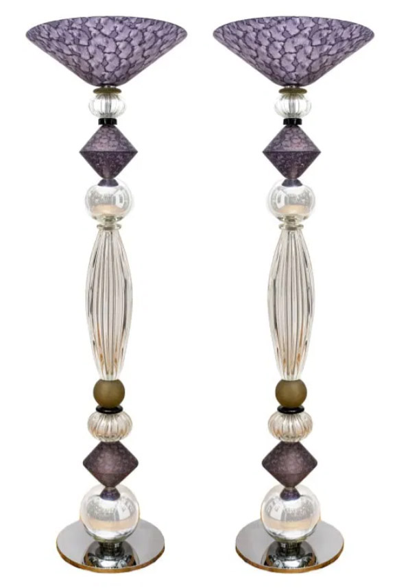 Has amethyst glass highlights, a copper metallic finish, crystal elements, and Venetian glass on polished nickel bases. Provenance: Purchased from Cosulich in 2014.65.5{quote}h x 19.5{quote}diaOur Price $1,500