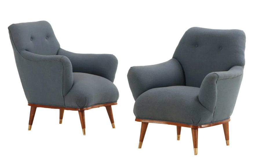 The sculptural organic design forms the base of this unique upholstered chair, framed wooden base and legs capped in gold metal. New upholstered in a sturdy blue fabric. 28.5{quote} x 29{quote} x 32{quote}Our Price $2,400