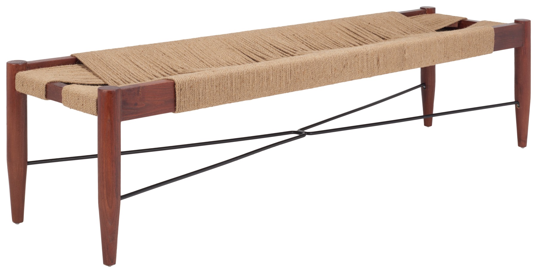 This Bench combines coastal chic style with a Mid-Century twist. Its woven natural jute seat exudes breezy tropical vibes, beautifully complemented by classic tapered legs in a cognac finish. The crossed black metal base adds a stylish retro-industrial touch, making this bench both alluring and functional.64{quote} X 16.8{quote} X 16” List Price $475 / Our Price $325