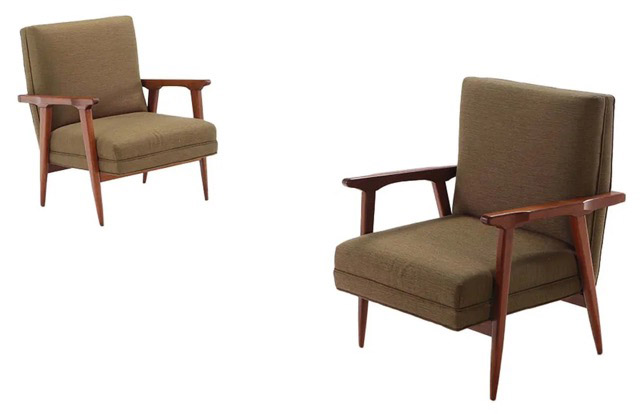 Architectural design mid-century modern open arm lounge chairs suitable for office or home use. Newly upholstered in fabric reminiscent of the period.28{quote} x 14.5{quote} x 31”Our Price $1,800