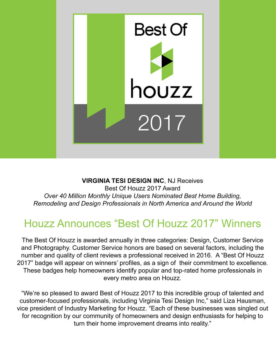 Best of Houzz 2017Houzz is the leading platform for home remodeling and design, providing people with everything they need to improve their homes from start to finish. As the largest residential design database in the world and a vibrant community empowered by technology, Houzz is the easiest way for people to find inspiration, get advice, buy products and hire the professionals they need to help turn their ideas into reality. The Best Of Houzz is awarded annually in three categories: Design, Customer Service and Photography. Design award winners’ work was the most popular among the more than 40 million monthly users on Houzz. Customer Service honors are based on several factors, including the number and quality of client reviews a professional received in 2016.