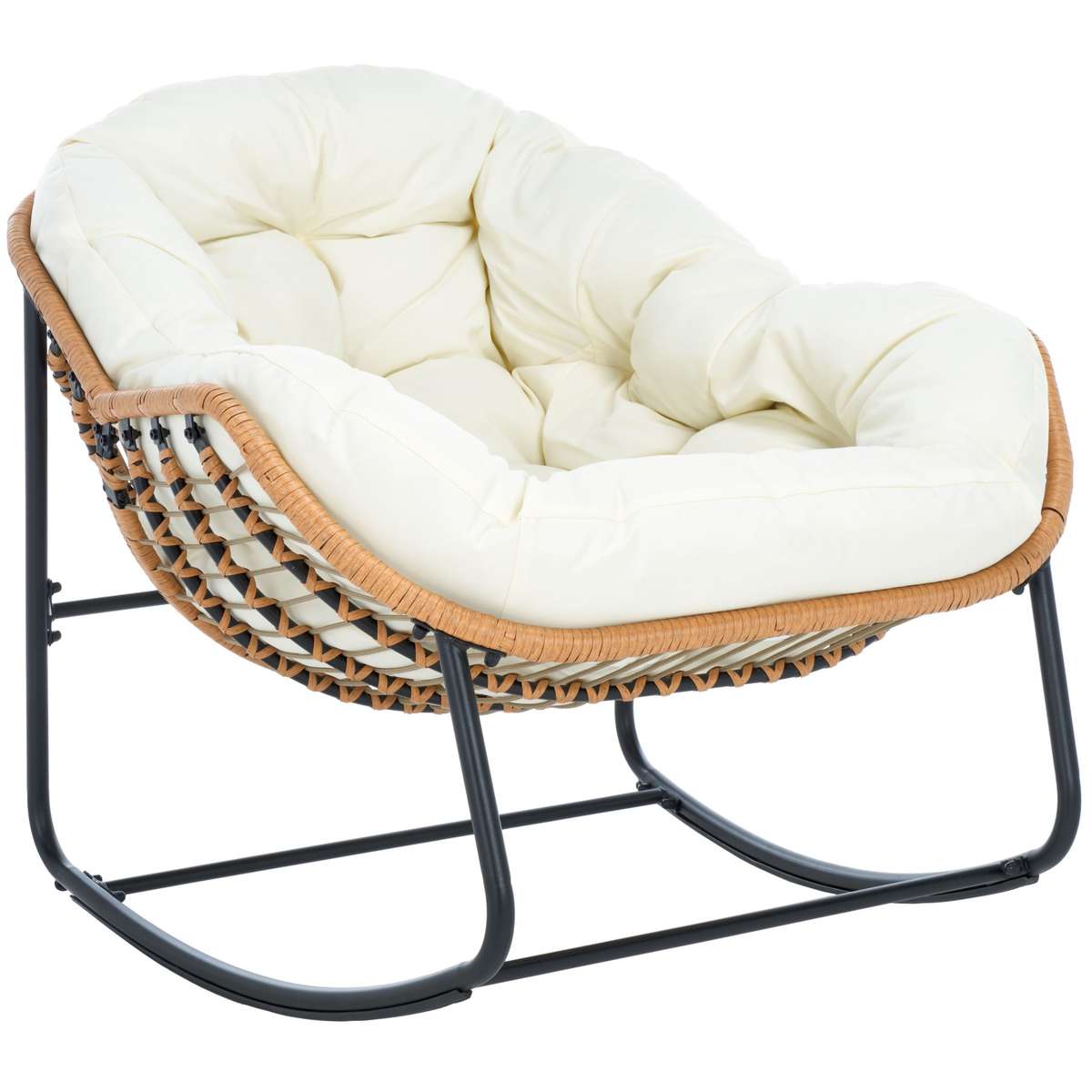 Our breezy and minimalist comfy rocking chair delivers effortless functionality and comfort. With a scoop-shaped profile, the chair provides ample room to sink in and relax. Its sculptural silhouette is crafted from rattan to offer rich textures and breezy appeal. The rocking chair is perched upon slender, powder-coated steel legs to lightly sway and provide the perfect space to read, lounge, and enjoy a nap outdoors.37.2{quote} X 43.7{quote} X 31.5”Our Price $225