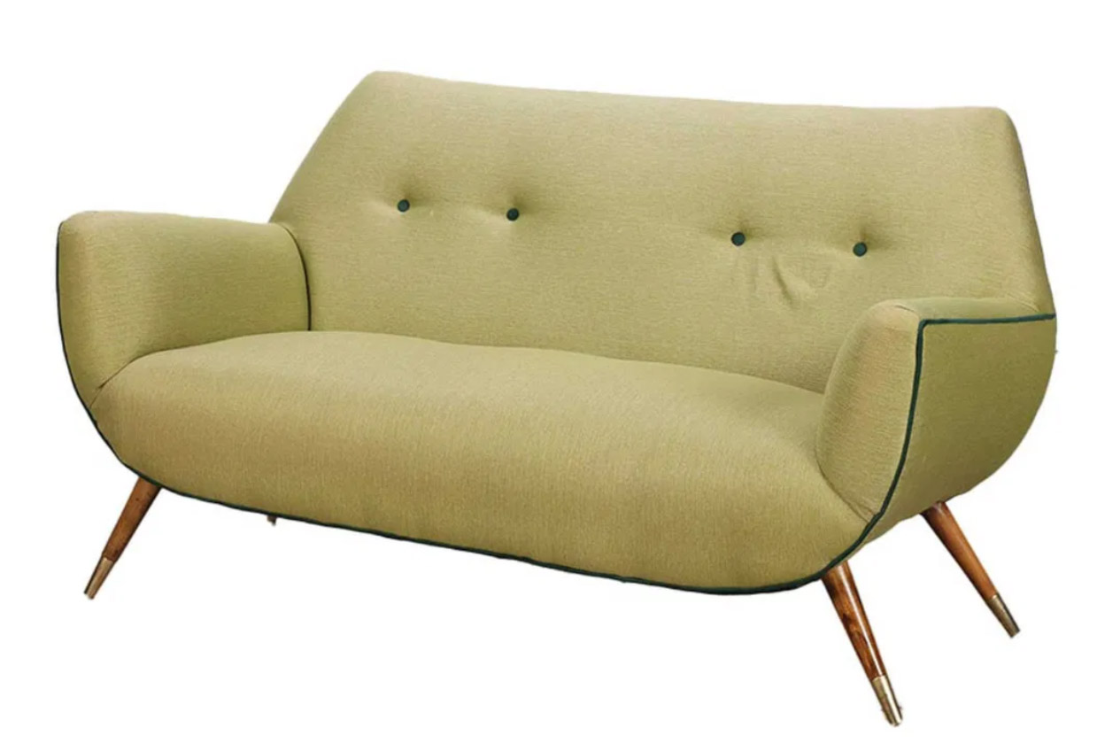 This stunning vintage modern Italian sofa features splayed metal legs with brass feet and a tufted backrest. It's a comfortable settee that brings a beautiful touch of iconic 1950s Italian design into your home. This mesmerizing vintage loveseat is the perfect addition to any seating arrangement.54{quote} x 32” x 29”Our Price $1,500